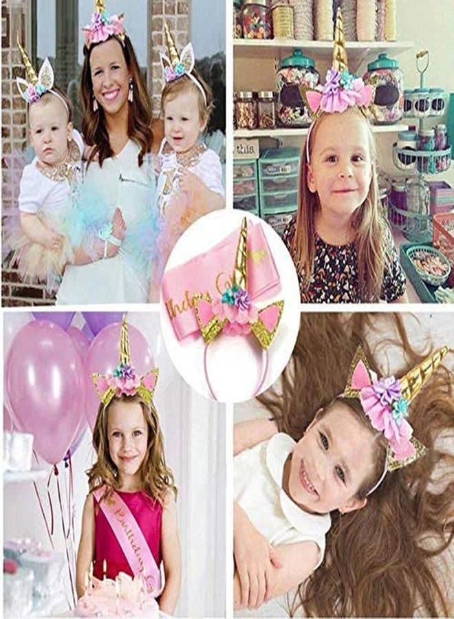 FAVELA Unicorn Headband With Pink Satin Sash Girls Happy Birthday Decoration for Girls | Cute Unicorn Hairband with Cat Ears and Flowers | Small Kids Hair Accessories Set Ideal for Party - Image 3
